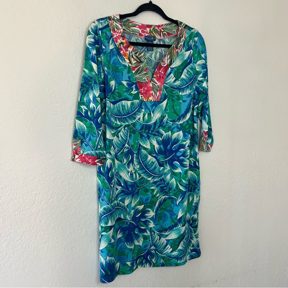 Caribbean Joe Blue Tropical Slinky Sheath Dress Women’s Size Medium 3/4 Sleeve - Picture 2 of 7